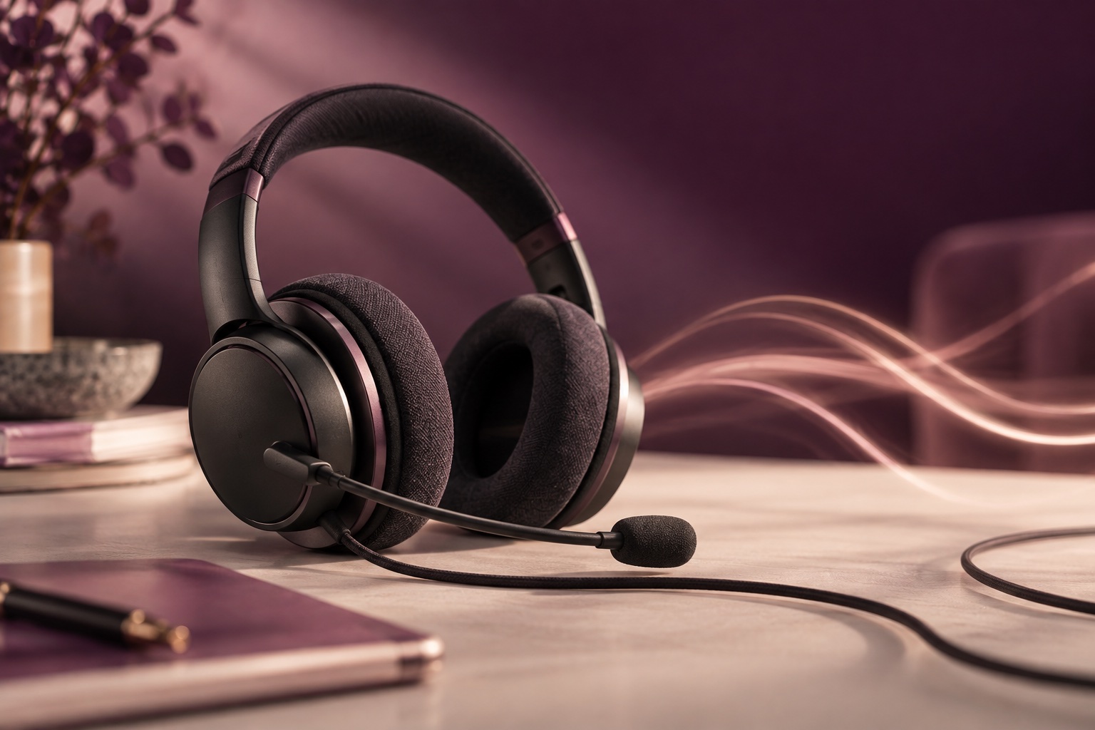 A headset and a flowing sound pattern, suggesting a clear conversation.