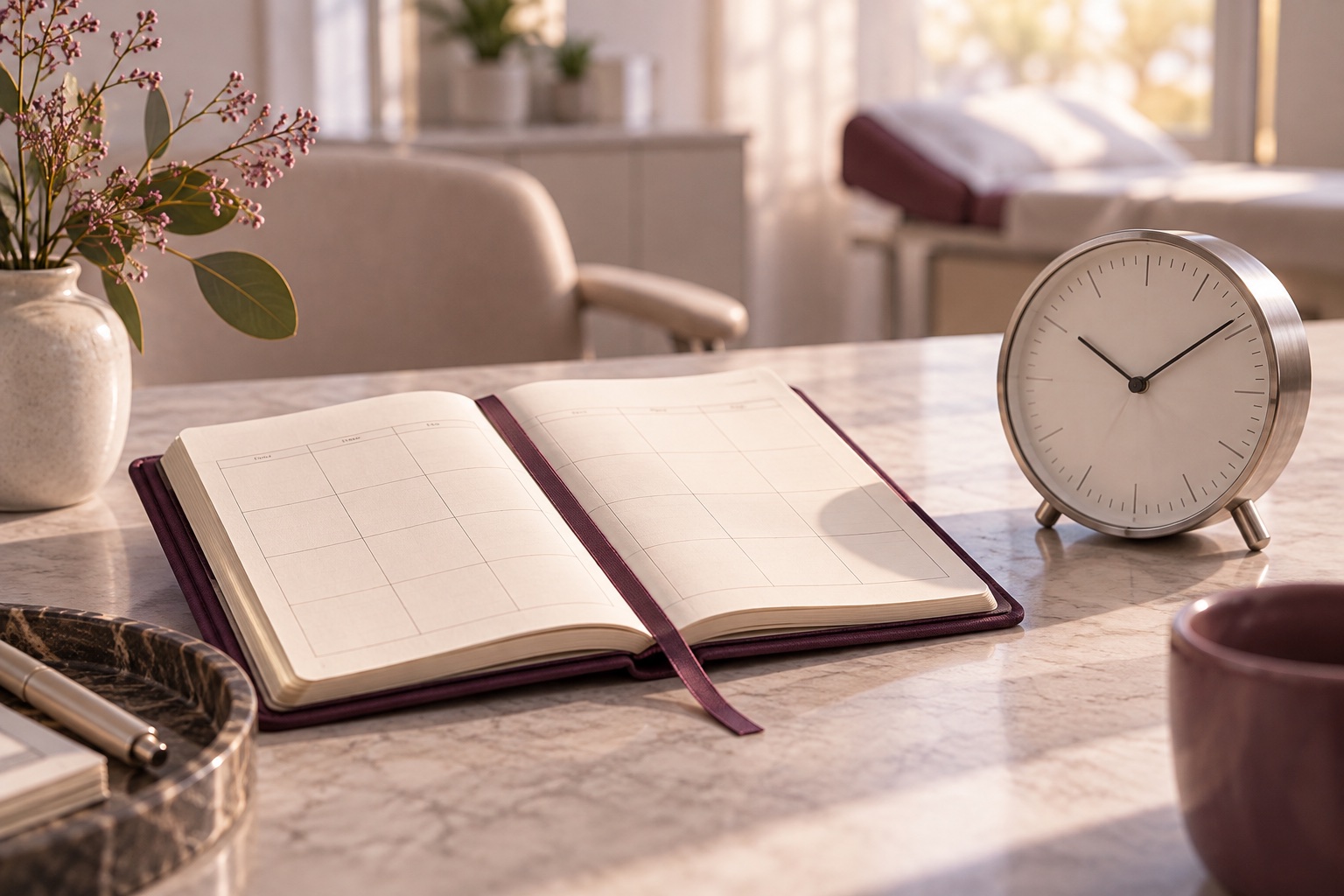 An appointment diary and a clock, suggesting coordinated schedules.