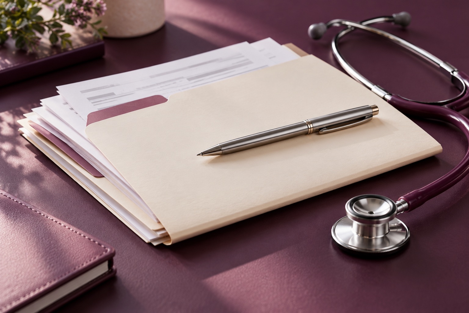 Care documentation and a stethoscope, suggesting the work behind an authorization.