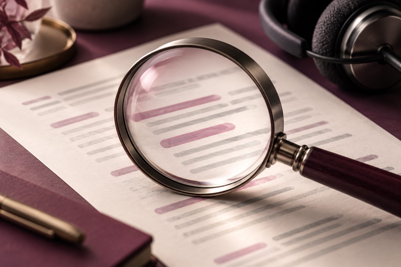 A magnifying lens examining a transcript, suggesting careful quality review.